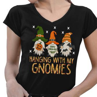Hanging With My Gnomies Funny Garden Gnome Halloween Women V-Neck T-Shirt - Thegiftio UK