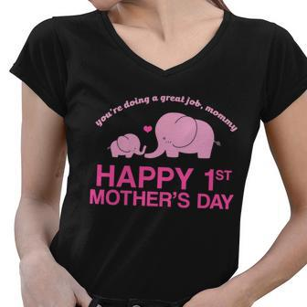 Happy 1St Mothers Day Cute Elephant T-Shirt Graphic Design Printed Casual Daily Basic Women V-Neck T-Shirt - Thegiftio UK