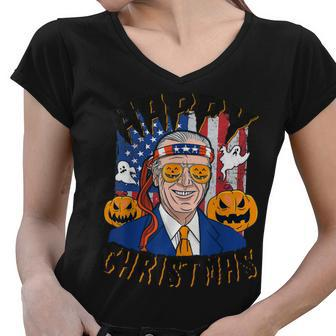 Happy Christmas Halloween Jokes Pumpkin Boo Funny Joe Biden Women V-Neck T-Shirt - Thegiftio UK