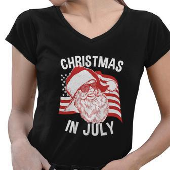 Happy Christmas In July Retro Hipster Santa 4Th Of July Women V-Neck T-Shirt - Monsterry CA