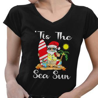 Happy Christmas In July Santa Surfing Lake Party Women V-Neck T-Shirt - Monsterry