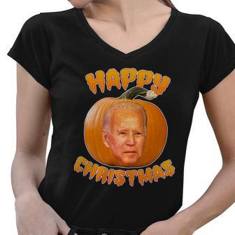 Happy Christmas Joe Biden Halloween Pro Trump Women V-Neck T-Shirt - Monsterry CA