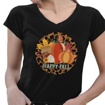 Happy Fall Circle Pumpkins Women V-Neck T-Shirt