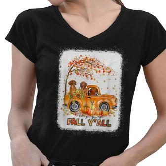 Happy Fall Yall Dachshund Riding Truck Pumpkin Autumn Fall Women V-Neck T-Shirt - Thegiftio UK