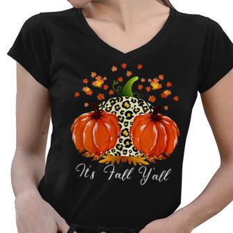 Happy Fall Yall Its Fall Yall Leopard Print Pumpkin Autumn Women V-Neck T-Shirt - Thegiftio UK