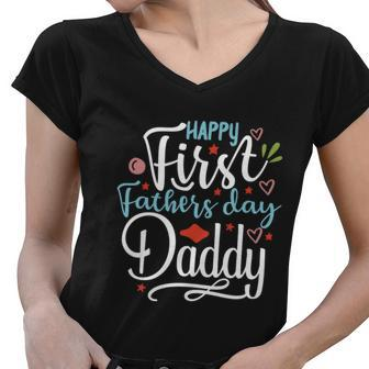 Happy First Fathers Day Daddy Papa Best 1St Dad Gifts Graphic Design Printed Casual Daily Basic Women V-Neck T-Shirt - Thegiftio UK