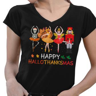 Happy Hallothanksmas Ballet Skeleton Dancing Halloween Party Women V-Neck T-Shirt - Seseable