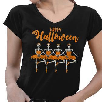 Happy Halloween Dancing Ballet Skeleton Ballerina Funny Idea Women V-Neck T-Shirt - Seseable