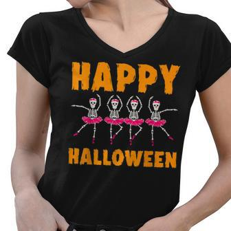 Happy Halloween Lazy Costume Dancing Skeleton Ballerina Women V-Neck T-Shirt - Seseable