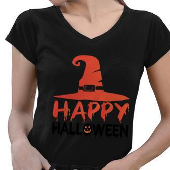 Happy Halloween Witch Hat Halloween Quote Women V-Neck T-Shirt - Monsterry DE
