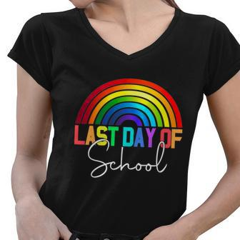 Happy Last Day Of School Teacher Student Graduation Rainbow Gift Women V-Neck T-Shirt - Monsterry DE