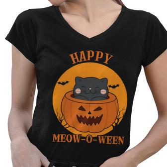 Happy Moew O Ween Halloween Quote Women V-Neck T-Shirt - Monsterry