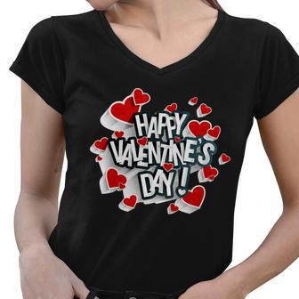Happy Valentines Day Love Hearts Logo Women V-Neck T-Shirt - Monsterry
