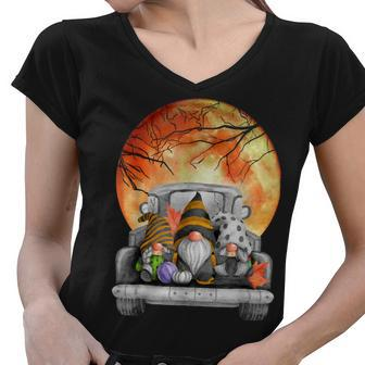 Harvest Fall Halloween Moon Gnomes Truck Bed Goth Cute Spook Women V-Neck T-Shirt - Seseable