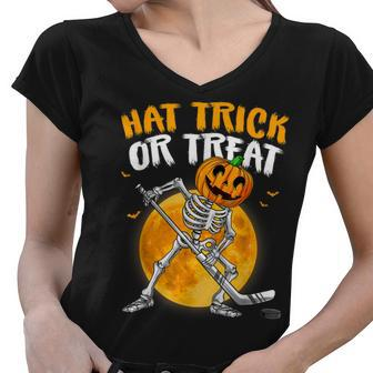 Hat Trick Or Treat Skeleton Pumpkin Ice Hockey Halloween Women V-Neck T-Shirt - Thegiftio UK