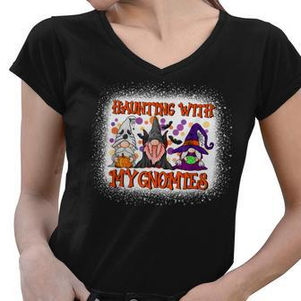 Haunting With My Gnomies Halloween Pumpkin Ghost Gnome Witch Women V-Neck T-Shirt - Thegiftio UK