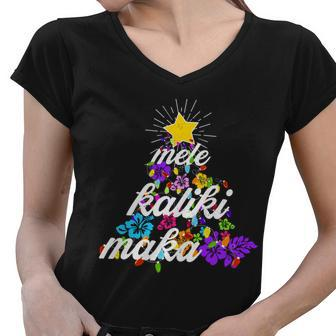 Hawaiian Mele Kaliki Maka Christmas Tree Women V-Neck T-Shirt - Monsterry UK