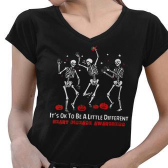Heart Disease Awareness Dancing Skeleton Happy Halloween Women V-Neck T-Shirt - Seseable