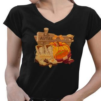 Hello Autumn Favorite Season Fall Pumpkin Women V-Neck T-Shirt - Seseable