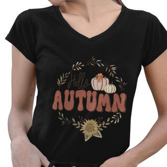 Hello Autumn Thanksgiving Quote Women V-Neck T-Shirt - Monsterry DE