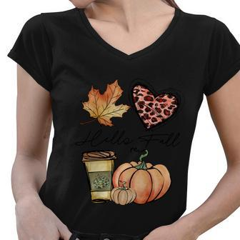 Hello Fall Pumpkin Coffee Thanksgiving Quote Women V-Neck T-Shirt - Monsterry