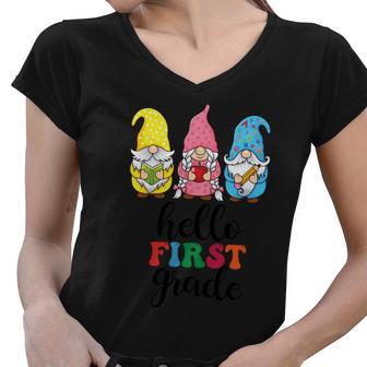 Hello First Grade School Gnome Teacher Students Graphic Plus Size Premium Shirt Women V-Neck T-Shirt - Monsterry CA