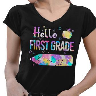 Hello First Grade Squad Back To School Tie Dye Kids Teacher Women V-Neck T-Shirt - Thegiftio UK