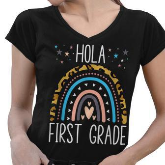 Hello Hola First Grade Spanish Teacher Kids Back To School Women V-Neck T-Shirt - Seseable
