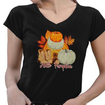 Hello Pumpkin Favorite Fall Season Women V-Neck T-Shirt - Seseable