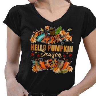 Hello Pumpkin Season Leopard Autumn Season Lovers Fall Vibes Women V-Neck T-Shirt - Thegiftio UK