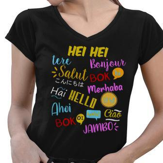 Hello Word In Different Languages Travel And Teacher Women V-Neck T-Shirt - Monsterry CA