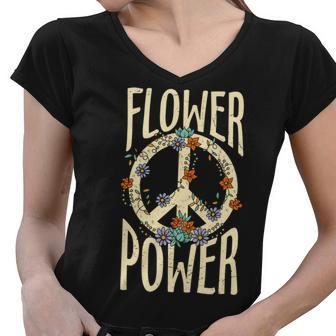 Hippie Flower Power Peace Symbol Idea Gift Women V-Neck T-Shirt - Seseable