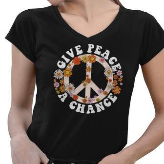 Hippie Give Peace A Chance Peace Symbol Women V-Neck T-Shirt - Seseable