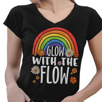 Hippie Glow With The Flow Rainbow Custom Women V-Neck T-Shirt - Seseable