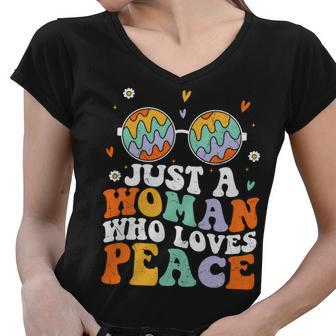 Hippie Just A Woman Who Loves Peace Idea Gift Women V-Neck T-Shirt - Seseable