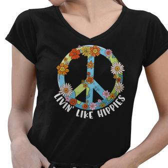 Hippie Livin Like Hippies Peace Symbol Design Women V-Neck T-Shirt - Seseable