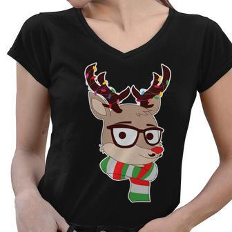 Hipster Red Nose Reindeer Christmas Lights Graphic Design Printed Casual Daily Basic Women V-Neck T-Shirt - Thegiftio UK