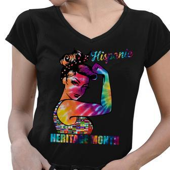 Hispanic Heritage Month Messy Bun Colorful Women V-Neck T-Shirt - Monsterry