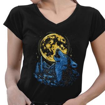 Howling Wolf Yellow Moon Women V-Neck T-Shirt - Monsterry DE