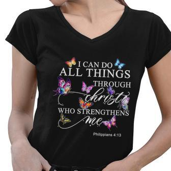 I Can Do All Things Through Christ Butterfly Art Religious Tshirt Tshirt Women V-Neck T-Shirt - Monsterry CA