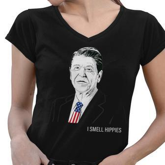 I Smell Hippies Ronald Reagan Women V-Neck T-Shirt - Monsterry