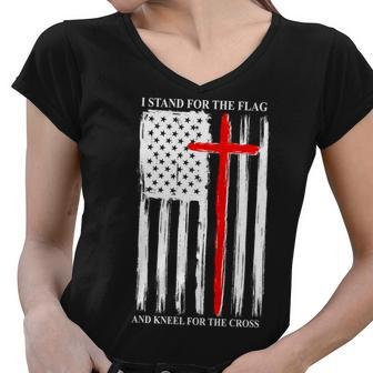 I Stand For The Flag And Kneel For The Cross Flag Women V-Neck T-Shirt - Monsterry UK