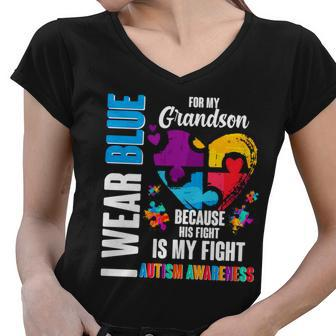 I Wear Blue For My Grandson His Fight Is My Fight Autism Women V-Neck T-Shirt - Monsterry UK