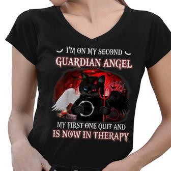 Im On My Second Guardian Angel Cool Black Cat Halloween Women V-Neck T-Shirt - Seseable