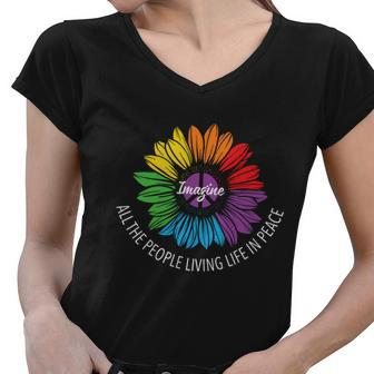 Imagine All The People Living Lgbt Pride Month Women V-Neck T-Shirt - Monsterry