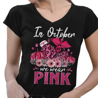 In October We Wear Pink Nurse Life Pumpkin Leopard Halloween Women V-Neck T-Shirt - Thegiftio UK