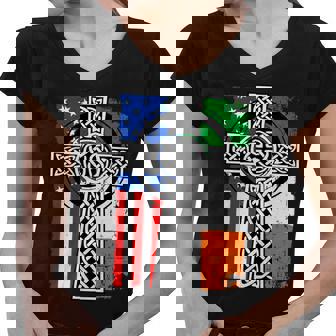 Irish American Usa Flag Celtic Cross St Patricks Day Tshirt Women V-Neck T-Shirt - Monsterry