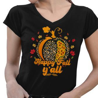 Its Fall Yall Leopard Print Pumpkin Sunflower Halloween Fall Women V-Neck T-Shirt - Thegiftio UK
