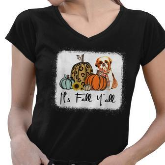 Its Fall Yall Yellow Shih Tzu Dog Leopard Pumpkin Falling Women V-Neck T-Shirt - Thegiftio UK