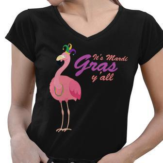 Its Mardi Gras Flamingo Graphic Design Printed Casual Daily Basic Women V-Neck T-Shirt - Thegiftio UK